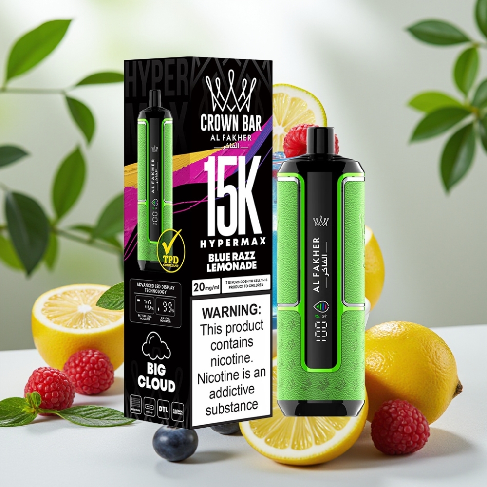 Al Fakher Crown Bar 15K Hypermax Дишащ Директно към Белия дроб Ултра Преносим с Вкус Син Малинов Лимонада